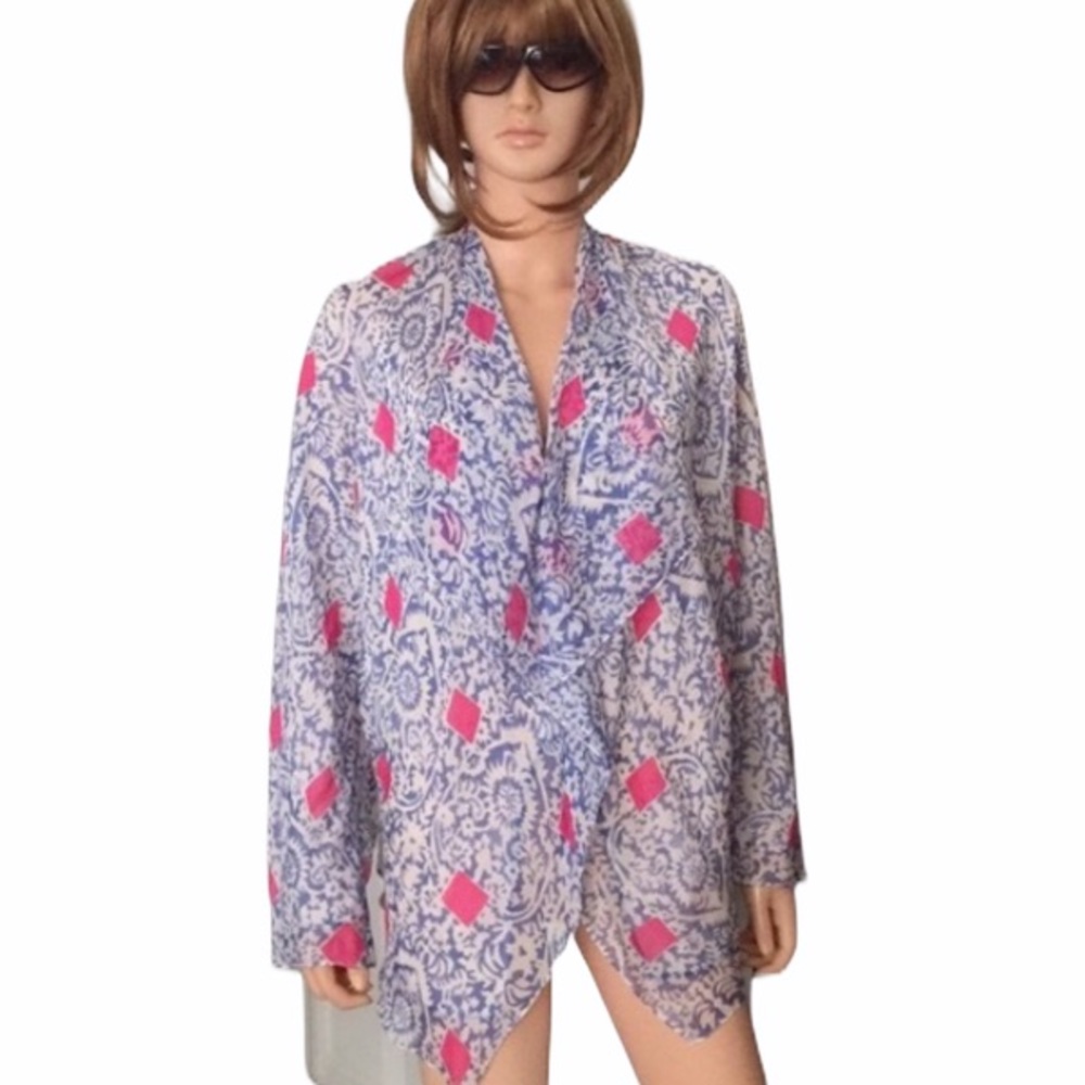 NWOT SHAMASK Women’s Red Label 100% Silk Blue & Pink Pattern Blouse Made in USA